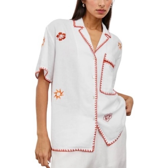 Rails Island white Luxe Linen Blend Button-up Shirt with whipstitch edge trim XL - Picture 1 of 8